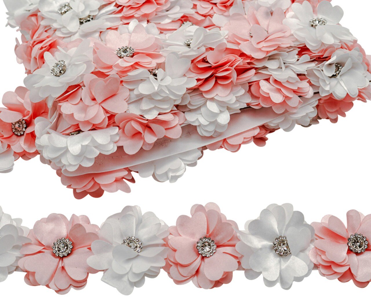 2"x 10 yards Blush and White 3D Satin Flower Trim with Diamond Center
